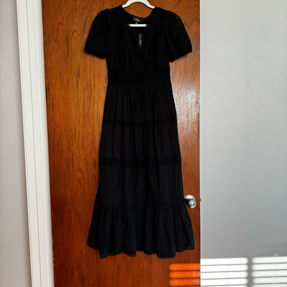 Lulus Folklore Black Swiss Dot Lace Tiered Midi Dress S